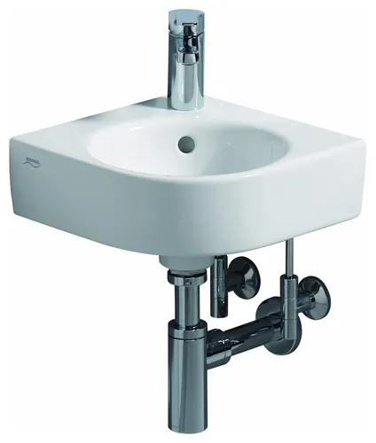 Geberit Renova Compact Eckhandwaschbecken 45cm - Waschbecken für kleine Räume, ideal für Ecken, mit mittigem Hahnloch und sichtbarem Überlauf in elegantem Weiß.