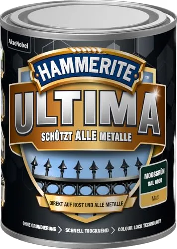 Hammerite Ultima Matt, Metallschutzlack, Hochwertiger Schutzlack für alle Metalle im Außenbereich, Moosgrün RAL6005, 750 ml