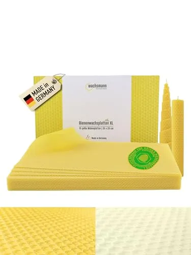 Wachsmann reines Bienenwachs - 15 XL Bienenwachsplatten - Kerzenwachs aus 100 % reinem Bienenwachs, ideal zum einfachen Selbermachen von duftenden Kerzen. Extra große Platten (35 x 20 cm) für kreativen Bastelspaß!