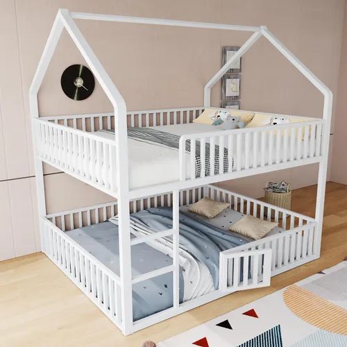 okwish Etagenbett 140×200 Kinderbett ohne Matratze,Stockbett mit Treppe und Loft-Design,Unteres Bett mit Tür,Jugendbett mit Rundum-Sicherheitsgeländer,Weiß