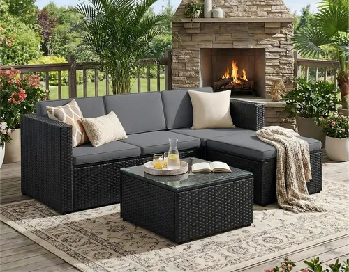 SONGMICS Gartenlounge-Set, 5-tlg. - Stilvolle Balkonmöbel aus handgeflochtenem Rattan - Garten-Lounge-Sets mit langlebigem PE-Rattan und wasserabweisenden Kissen für maximalen Komfort und Stil im Freien.