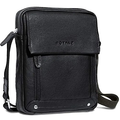 ROYALZ 'Idaho' Moderne Kleine Umhängetasche Herren Leder Männer Handtasche Vintage 10 Zoll Tablet leichte Ledertasche viele Fächer schmal Mini Messenger Bag, Farbe:Schwarz