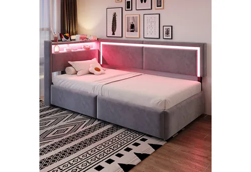 OKWISH Schlafsofa mit hydraulischem Stauraumsystem und LED-Licht - Multifunktionales Schlafsofa 90x200 cm mit hydraulischem Stauraum und integrierten USB-Anschlüssen. Ideal für kompakte Räume – tagsüber Sofa, nachts bequemes Einzelbett. Stilvolles Design und durchdachte Details für maximalen Komfort.