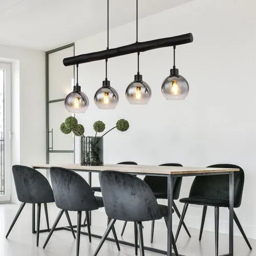 Hängeleuchte Holzbalken 4-flammig - Retro Esszimmerlampe - Moderne Hängeleuchte aus Holz mit 4 E27 Fassungen und rauchigen Glasschirmen. Ideal für stilvolle Esszimmergestaltung, höhenverstellbar und sorgt für eine gemütliche Atmosphäre.