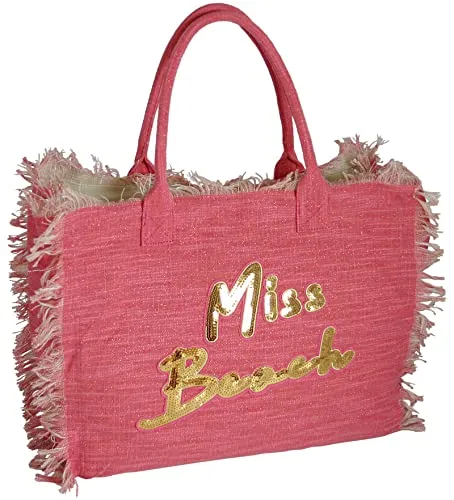 Miss Beach - Badetasche mit Reißverschluss - Glitzer Strandtasche - 29 Liter Volumen - Shopper aus Canvas