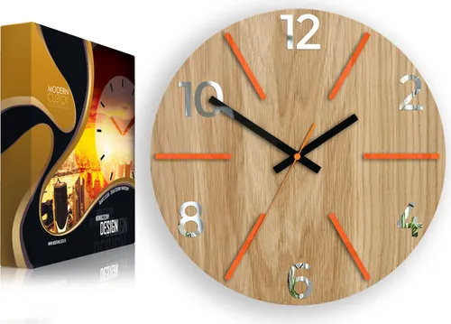 ModernClock, Wanduhr, Wohnzimmer, 33cm, große Wanduhr aus Eiche, Aksel orange&spiegel
