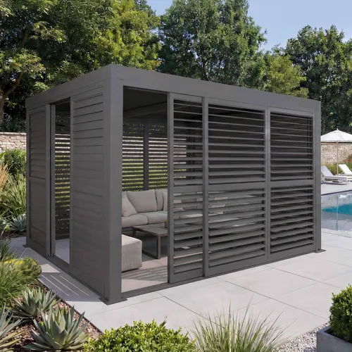 Alu Pergola MCW-L46: Wetterfester Pavillon mit Schiebetüren und Lamellen - Pergola mit 6 Schiebetüren und 6 Lamellenpaneelen, ideal für ganzjährigen Outdoor-Schutz. Robust und windfest bis 100 km/h, drehbare Lamellen für individuellen Sonnen- und Wetterschutz.