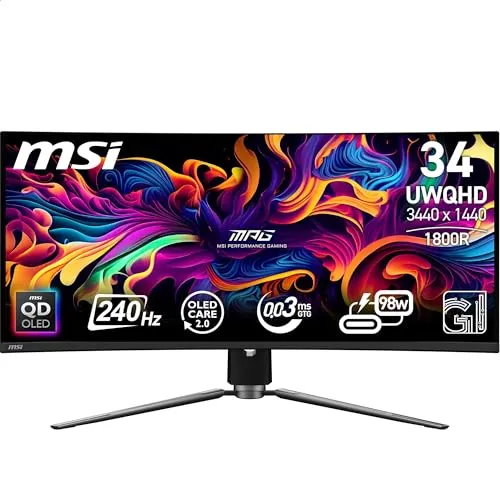 MSI MPG 341CQPX QD-OLED Gaming-Monitor - Monitore mit 34 Zoll, UWQHD, 240 Hz und 0,03 ms Reaktionszeit für flüssiges Gameplay. Die Quantum Dot-Technologie sorgt für lebendige Farben und die OLED Care 2.0 minimiert das Risiko des Einbrennens.