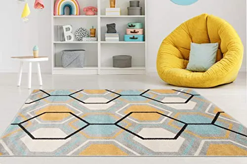 Carpeto Rugs Teppich Wohnzimmer Kurzflor Grau Modern Geometrisch Wabenmuster Rauten Muster - Niedrigflor Teppich für Wohnzimmer Jugenzimmer Kinderzimmer/Öko-Tex Türkis Grau Gelb 180 x 260 cm