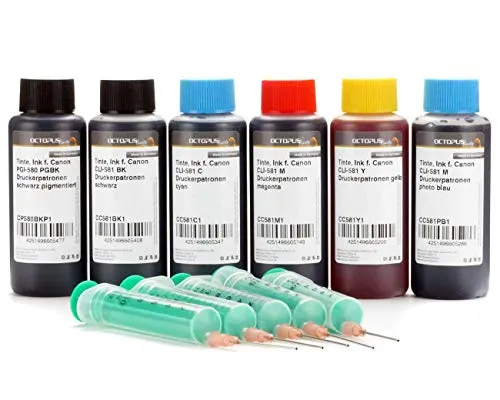 Octopus 6X 100 ml Druckertinte kompatibel für Canon PGI-580, CLI-581 Druckerpatronen für Canon Pixma TS 8120, TS 8126, TS 8150, TS 8151, TS 8152, TS 9120, TS 9150, TS 9155 (kein OEM)