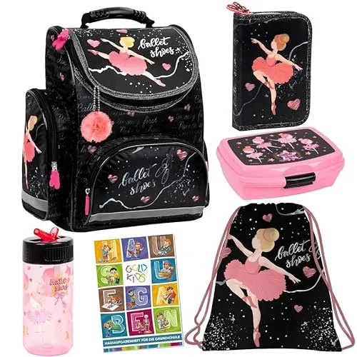 Goldkids Schulranzen Set Ballerina Motiv - 6-teiliges Set für die Grundschule: Schulranzen, Federmappe, Turnsack, Trinkflasche, Brotdose und Hausaufgabenheft. Ergonomisch, wasserabweisend und mit reflektierenden Elementen für Sicherheit.