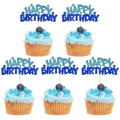 Stück Glitzer Geburtstag Cupcake Toppers, Happy Birthday Geburtstagsdeko, Alles Gute zum Geburtstag Kuchendekoration für Geburtstagsfeier Zubehör Party Dekoration (Blau) 24