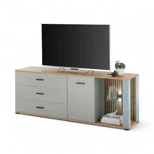 Mid.you Lowboard Salbeigrün mit Frontbeleuchtung - Stylisches Lowboard in Salbeigrün aus Eiche und Kunststoff. Mit 1 Fach und 3 Schubladen bietet es viel Stauraum. Die integrierte Frontbeleuchtung setzt Ihre Unterhaltungselektronik perfekt in Szene.