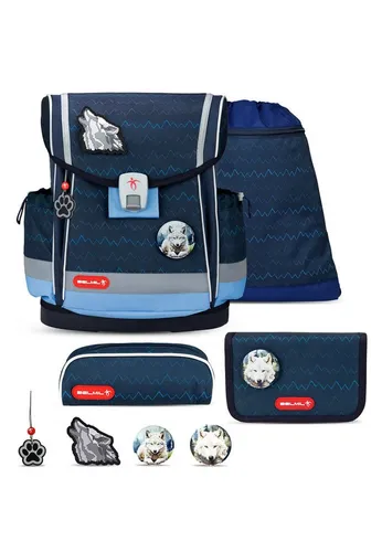 Belmil Classy Plus Schulranzen Set 5-teilig mit Brustgurt (Wolves) - Ergonomisches 5-teiliges Schulranzen-Set für die Grundschule, leicht und wasserabweisend, empfohlen von der Aktion Gesunder Rücken e.V.