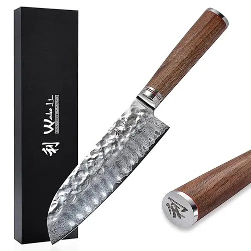 Wakoli Nussbaum Damast Santokumesser 17,5 cm - Küchenmesser | Hochwertiges Santokumesser aus 67 Lagen japanischem Damaststahl mit VG-10 Kern für extreme Schärfe und Langlebigkeit, ideal für Hobbyköche und Profis.