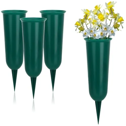 com-four® 4x Grabvasen 27 cm - wetterfeste Steckvase je 500 ml für Grab mit stabilem 8 cm Erdspieß - Friedhofsvase für Grabschmuck & Blumenarrangements - elegante Kunststoff-Vase für Garten und Balkon