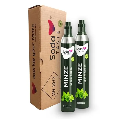 SodaTASTE CO2-Zylinder kaufen 2er-Pack (Reservezylinder) für Wassersprudler, mit natürlichem Minzaroma, ohne Sirup, für bis zu 120l gesprudeltes Wasser mit Geschmack, zuckerfrei