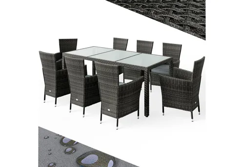 Casaria Garten-Essgruppe 9-tlg. - Polyrattan mit 8 stapelbaren Stühlen - Essgruppen aus UV-beständigem Polyrattan mit einer großzügigen Glas-Tischplatte (190x90cm) – ideal für Gartenpartys und entspannte Mahlzeiten im Freien.
