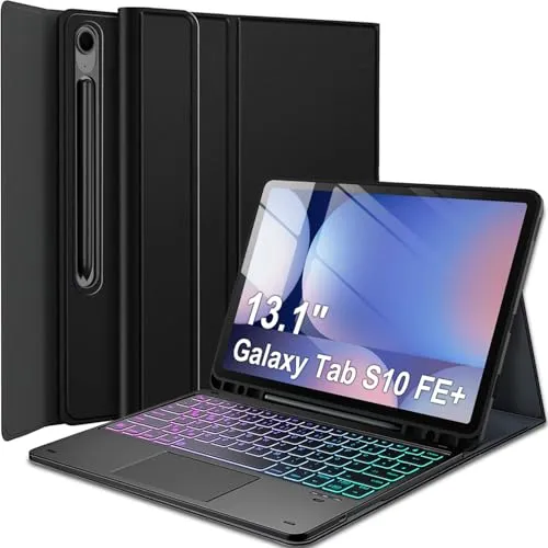 Wineecy Hülle mit Touchpad Tastatur für Samsung Galaxy Tab S10 FE Plus 13.1 Zoll 2025, 3-Zonen 7-Farben Beleuchtung, Abnehmbare Magnetische Bluetooth QWERTZ Tastatur, Schützhülle mit Pencil Halter
