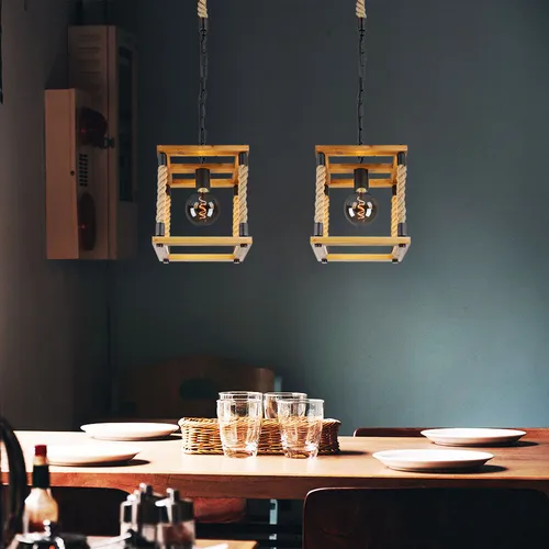 Hängeleuchte Holz Esszimmerleuchte mit Hanfseil – 2er Set - Moderne Hängeleuchte aus Holz und Metall, 1x E27 Fassung für individuelle Leuchtmittel bis 60W, ideal für stilvolle Esszimmergestaltung.