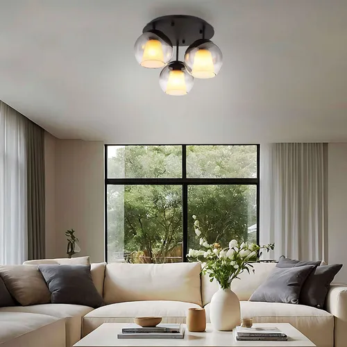 Elegante Deckenleuchte mit Kristallen – Wohnzimmerlampe schwarz mit rauchfarbenen Glaskugeln - Lampen für stilvolles Wohnen, mit edlen rauchfarbenen Glaskugeln und funkelnden Kristallen, ideal für stimmungsvolle Beleuchtung im Wohnzimmer.