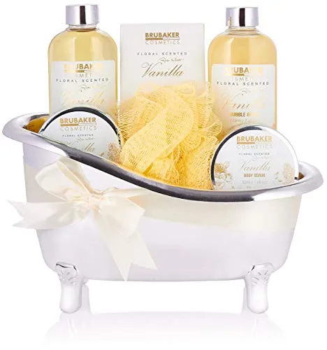 BRUBAKER Cosmetics Bade- und Dusch Set Vanille - 7-teiliges Wellness-Set - Körperpflegeset mit 7 luxuriösen Produkten, darunter Duschgel und Badesalz. Verwandeln Sie Ihr Bad in eine sinnliche Wellness-Oase mit zarter Vanillenote.