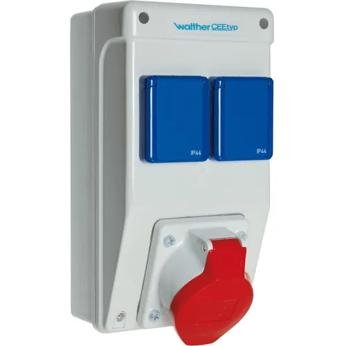 Walther Werke CEE Stromverteiler 6570105 - CEE-Steckdosenkombination mit 16A, 1 CEE-Abgang und 2 Schukos, perfekt für effiziente Stromverteilung auf Baustellen oder Veranstaltungen.