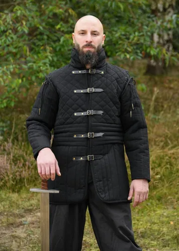 Battle Merchant Wikinger-Kostüm Langer Gambeson mit Schnallen, schwarz M - Authentisches Wikinger-Kostüm aus 100% Baumwolle für Rollenspiele und Kostümpartys. Der Gambeson bietet Bewegungsfreiheit und ist ideal für den professionellen Einsatz im Theater.