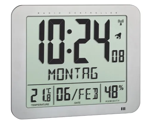 TFA Wanduhr 60.4516.54 Funkuhr - Digitaler Wecker mit Thermo-Hygrometer, zeigt Datum, Wochentag und Innentemperatur an, ideal für präzise Raumklimaüberwachung.