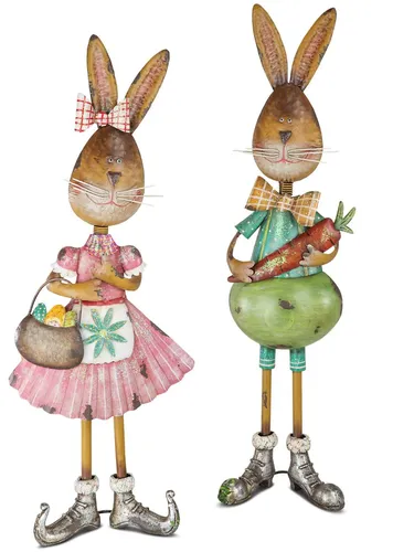 2er Set Dekofiguren Osterhasen, Junge + Mädchen H. 75cm - Stilvolle Dekofiguren aus Metall für die Osterzeit. Ideal als Blickfang in jedem Raum, bringen sie fröhliche Atmosphäre und modernen Charme.