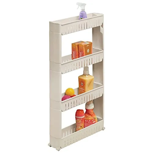 mDesign Transportwagen für den Waschraum – kompaktes Regalsystem mit Rollen für Waschmittel, Fleckenentferner usw. – praktischer Rollwagen mit vier breiten Ablagen aus Kunststoff – taupe