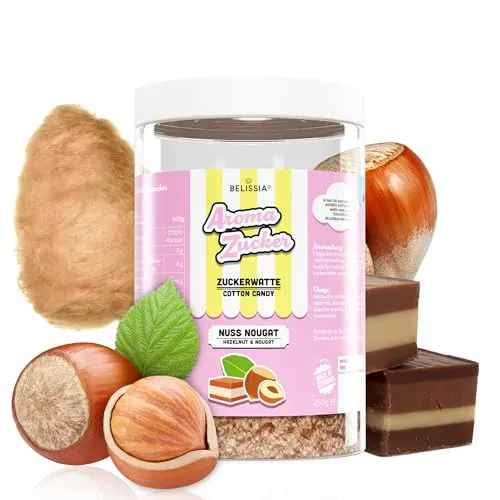 Belissia Aromazucker | 250g Zuckerwatte Zucker mit Nuss Nougat Geschmack | Intensiver Aromazucker für jede Zuckerwattemaschine | Geeignet für Dessert, Popcorn, Kratzeis, Slush, Cocktails uvm.