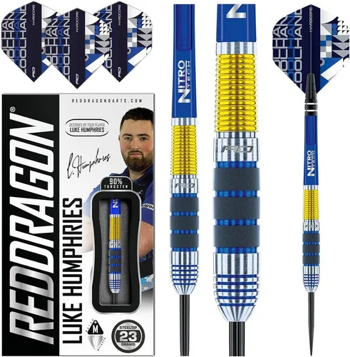 RED DRAGON Luke Humphries 23g Tungsten Darts Set - Steel-Dartpfeile mit 90% hochwertigem Tungsten, ideal für Präzision und Balance. Das Set enthält maßgeschneiderte Flights und Stems für maximalen Wurfgenuss.