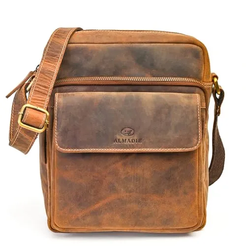 ALMADIH DON Leder Umhängetasche Herren für iPad 12.9 Zoll - Kompakte Braun Vintage Tasche - Herren-Schultertaschen: Die stilvolle DON Umhängetasche aus hochwertigem Echtleder bietet Platz für Tablets bis 12 Zoll und überzeugt mit durchdachter Innenaufteilung und praktischem Magnetschluss.