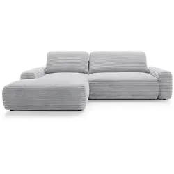 Ecksofa MOUNIR mit Schlaffunktion und Bettkasten - Modernes Cord Sofa - Modernes Ecksofa MOUNIR in Grau mit stilvollem Corddesign. Integrierte Schlaffunktion und geräumiger Bettkasten bieten Flexibilität und praktischen Stauraum für Ihr Zuhause.