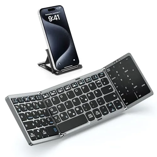 MoKo Faltbare Tastatur Bluetooth QWERTZ, Tragbar Tastatur Klappbar mit Touchpad & Ziffernblock, Wiederaufladbar Keyboard mit Trackpad für Windows iOS Android Tablet/Handy/Laptop/PC, Deutsche Layout