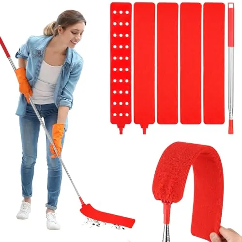 Bixury Ausziehbares Staubreinigungsartefakt,Retractable Gap Dust Cleaner Staubwedel Flach Dust Cleaner,mit Edelstahl Teleskop Stange und 4 Abwaschbaren Tüchern für Unter Sofa Schränke Bett (Rot)