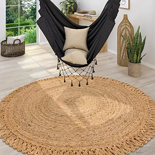 Paco Home Rundteppich aus Jute – Boho Ethno Design, Ø 100 cm - Teppich im Boho Ethno Look, handgefertigt aus 100% Jute mit CARE & FAIR Label gegen Kinderarbeit. Ideal für jedes Zimmer, bringt stylische Atmosphäre in Ihr Zuhause.