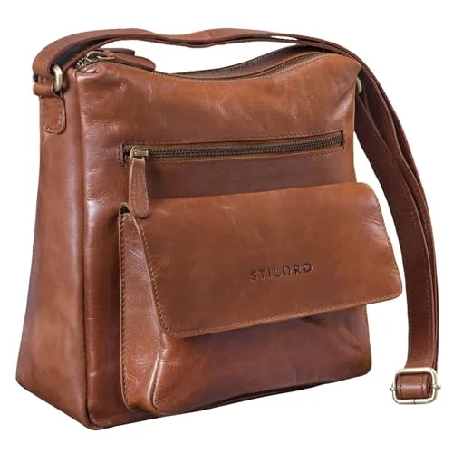 STILORD Mira Vintage Umhängetasche für Damen 12,2 Zoll Schultertasche Handtasche Ausgehen Freizeit Abendtasche Leder Farbe:Cognac - glänzend