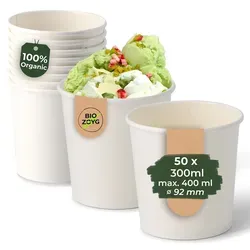 BIOZOYG 50 Stück Eisbecher Pappe 300 ml weiß - umweltfreundlich, recycelbar, plastikfrei - Joghurtbecher, Papierbecher