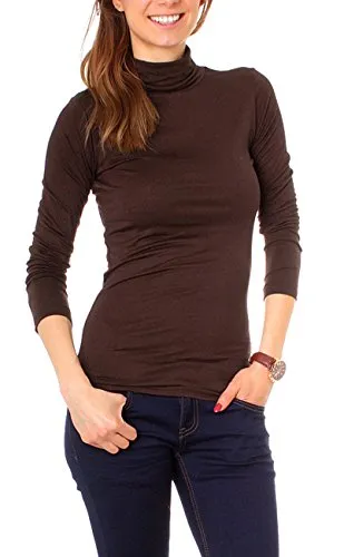 Easy Young Fashion Basic Damen Langarm Shirt Rollkragen Unterziehrolli One Size Dunkelbraun