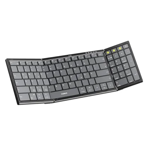Inateck Faltbare Kabellose Tastatur mit Ziffernblock - Kabellose Tastatur mit 3 Kanälen für Windows, iPad OS, Android und iOS. Leicht und tragbar, ideal für mobiles Arbeiten mit langer Akkulaufzeit von bis zu 90 Stunden.