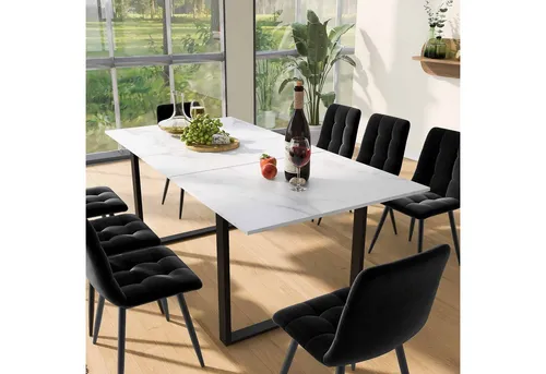 IDEASY Esstisch Teleskoptisch 140/180x80x75cm, Tragkraft 60kg Küchentisch (Moderne Weiße MDF Tischplatte Mit Marmormustern), Beine aus Eisen aus Metall & Vierkantrohrbeine, Bürotisch