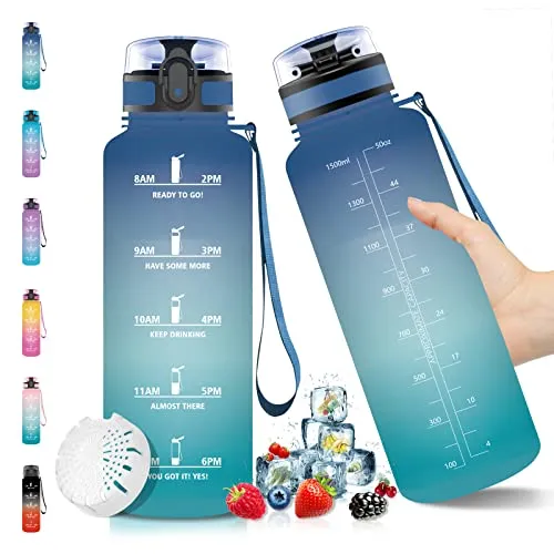 Vikaster Trinkflasche Groß, 1.5 Liter, Fitness Trinkflasche, BPA Frei Tritan, Trinkflaschen Zeitmarkierung, Wasserflasche mit Geschmack, Sportflasche für Camping, Outdoor, Yoga, Blau/Grün Farbverlauf