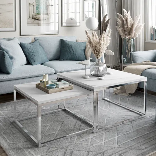 Couchtisch 2in1 YOSHI LEVANTO Kaffeetisch - Stylischer 2in1 Couchtisch für Ihr Wohnzimmer. Mit elegantem Design und stabiler Bauweise aus verchromtem Stahl und Marmorimitat, bietet er vielseitige Nutzungsmöglichkeiten und spart Platz.