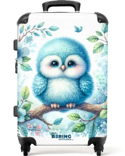 NoBoringSuitcases.com© Kinderkoffer mit leuchtende Räder - Blaues Eulenjunges auf Ast 67 cm - 72 L, 4 Rollen, Reisekoffer mit Rollen Mittelgroßer für 20kg, Jungenkoffer