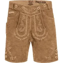 PAULGOS Herren Lederhose Kurz mit Trägern - 100% Echtleder HK1 braun 54 - Herren-Trachten Lederhose aus 100% Rindleder, ideal für festliche Anlässe und traditionelle Feste, mit bequemem Innenfutter aus Baumwolle.