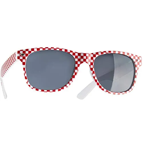 dressforfun Retro Brille, Party Sonnenbrille, Kariertes Gestell, für 90er Jahre Party, Oktoberfest, Ballermann Mottopartys, Fotobox Accessoires, Festival Gadget, JGA Zubehör - rot/weiß, 1 Stück