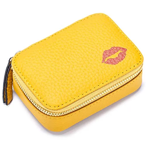 Aileder Mini-Lippenstift-Etui mit Spiegel, echtes Leder, kleine Reise-Make-up-Kosmetiktasche, Aufbewahrungstasche für Frauen und Mädchen, Gelb