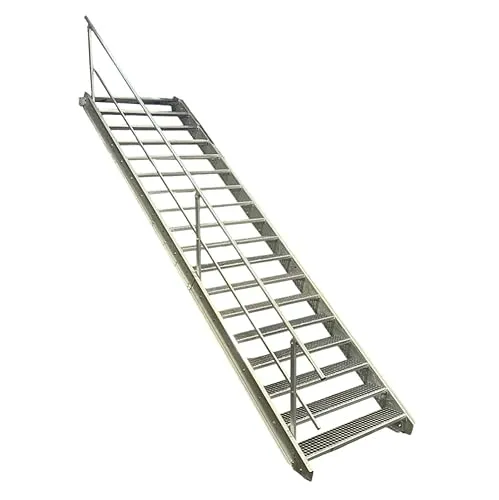 Stufen Stahltreppe mit einseitigem Geländer/Breite 100cm Geschosshöhe 299-360cm / Robuste Außentreppe/Wangentreppe/Stabile Industrietreppe für den Außenbereich/Inklusive Zubehör 18